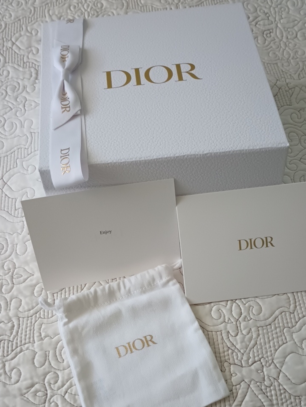 Dior White & Gold Logo Empty Box, Ribbon Enjoy Card, Dust Bag. Luxury